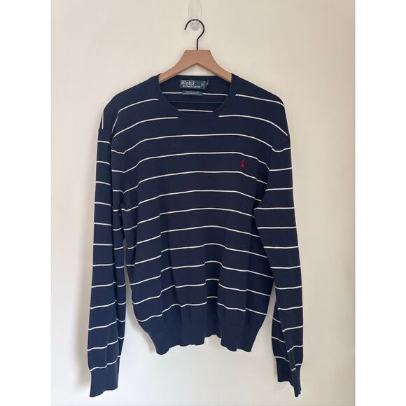 Polo Ralph Lauren VINTAGE Striped 100% Pima Cotton Sweater - Navy White XL - Picture 1 of 7